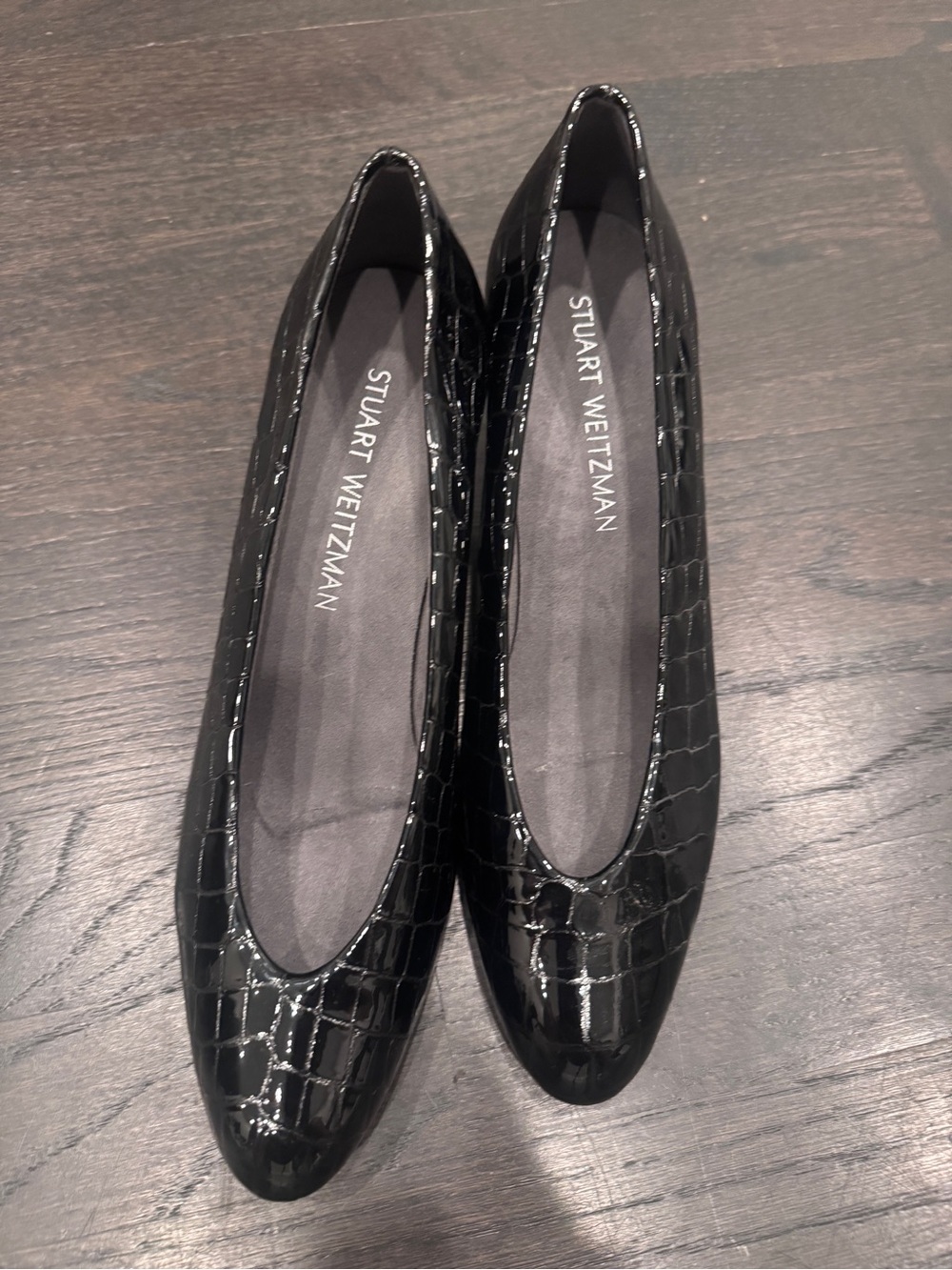 Stuart Weitzman Black Croc-Embossed Patent pumps